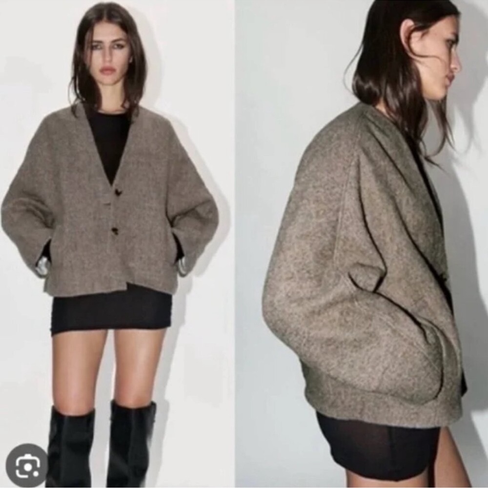 Zara Manteco Italian Wool Taupe Brown Oversized Crop Jacket Size Medium - Picture 7 of 9